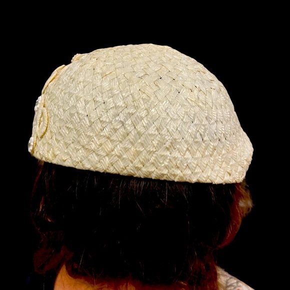 Mid Century Woven Plastic w/Floral Appliqué & Rhinestones Cloche Hat main image 6